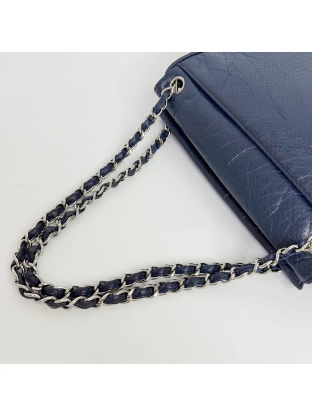 Chanel CC Logo Quilted Perforated Shoulder Bag Leather Blue Silver Vintage